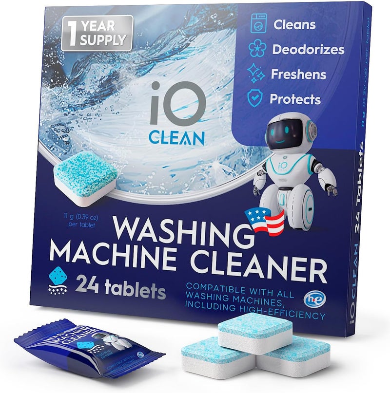 iO CLEAN Washing Machine Cleaner Descaler Tablets, 24 Count (1 Year Supply) – Deep Clean Washer Cleaner Tablets for HE Front Load & Top Load – Unscented Washing Machine Descaler for Odor Control - Image 1